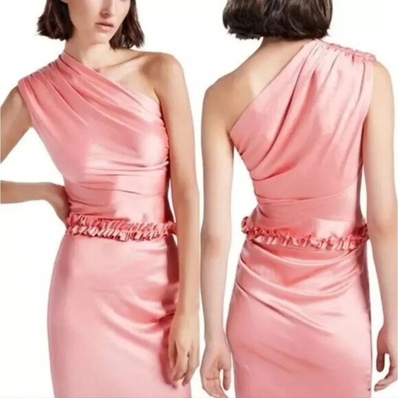 Smythe Ruffle Trim One Shoulder Top Rose Pink Size 4 Satin Smocked Blouse - Picture 1 of 12